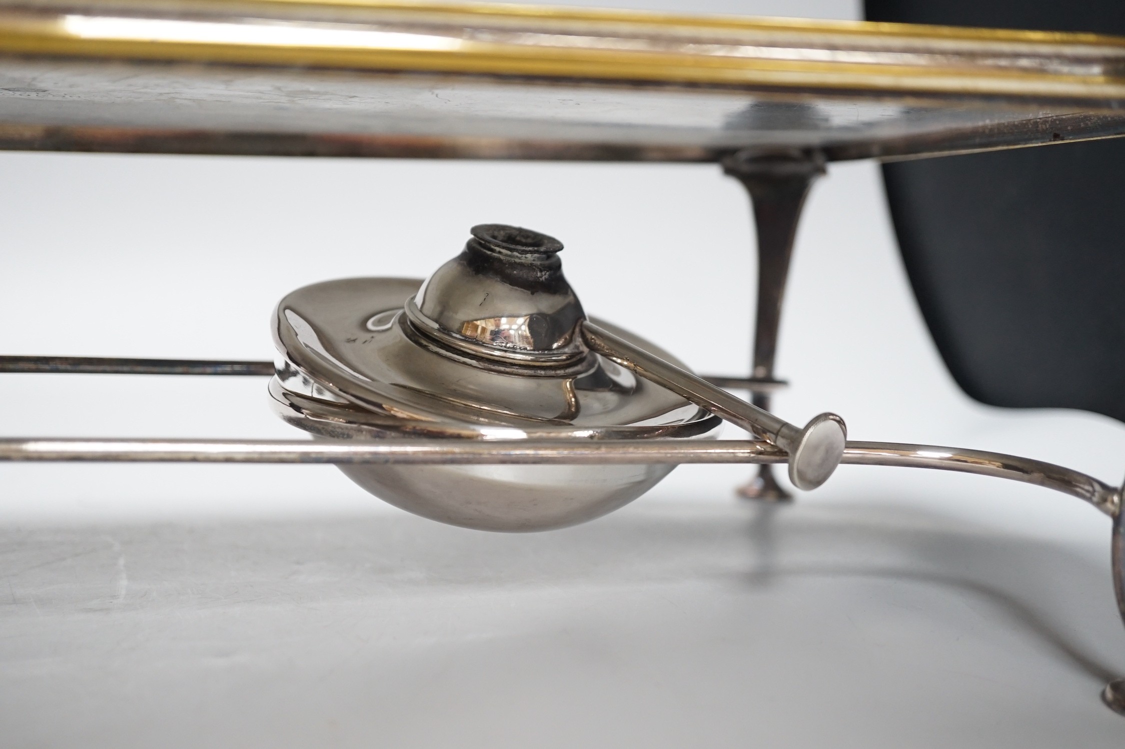 An Asprey spirit burner stand, serial number 19417, 47cm long
